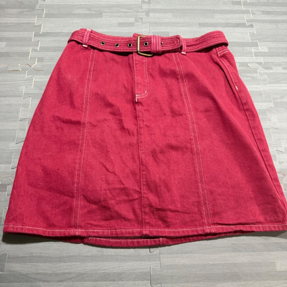 St. Johns Bay Red Denim Size 12 Belted Mini Skirt